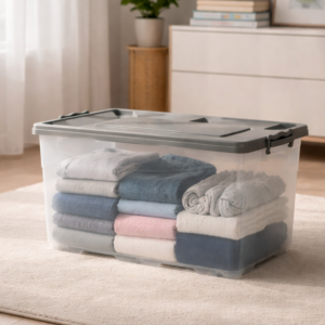 Caja 75 litros con ruedas apilable - transparente tapa blanca