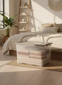 Caja 75 litros con ruedas apilable - transparente tapa blanca