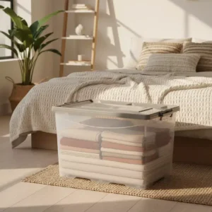 Caja 75 litros con ruedas apilable - transparente tapa blanca